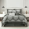 thumbnail image 1 of Nanshing Therese 7 Piece Damask Comforter Set , Grey , King Size , Jacquard with matching solid piecework, 1 of 6