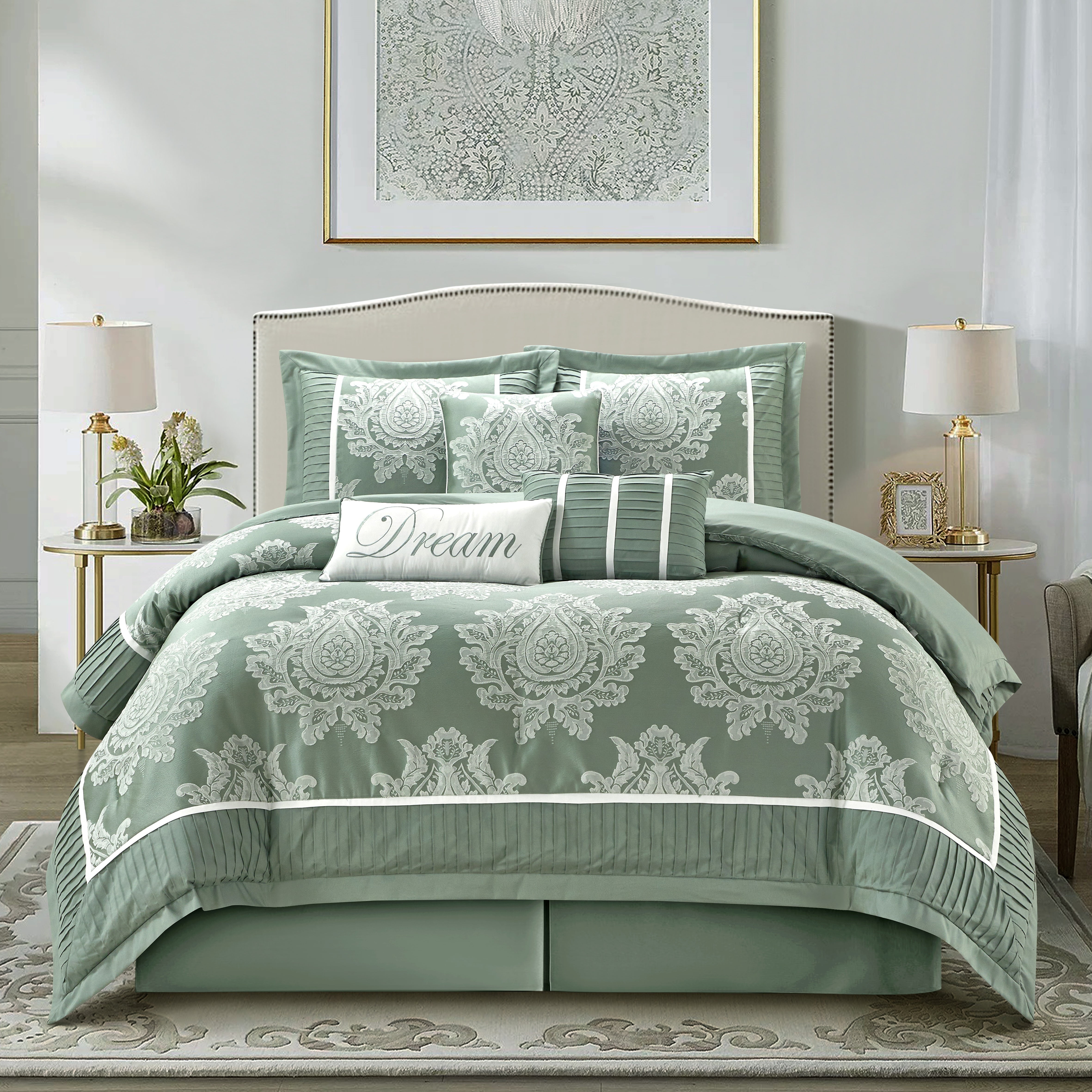 Nanshing Therese 7 Piece Damask Comforter Set , Sage , California King