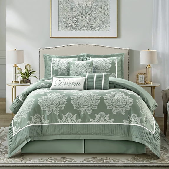 Nanshing Therese 7 Piece Damask Comforter Set , Sage , California King Size , Jacquard with matching solid piecework