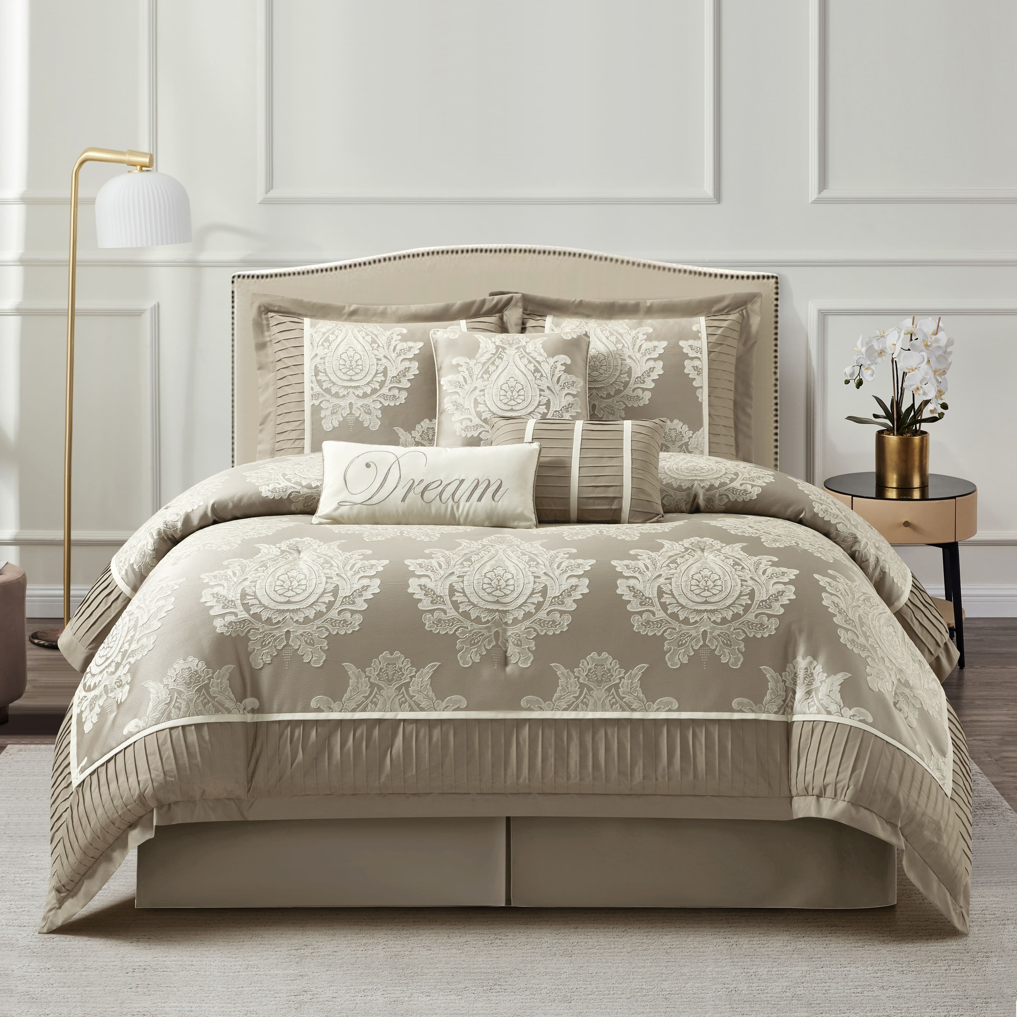 California King Beige Polyester Damask Comforter Set