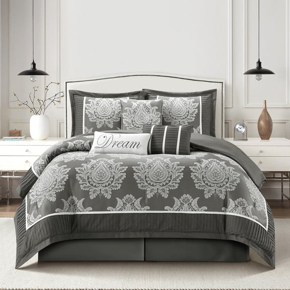 Nanshing Tiana 7 Piece Traditional Damask Comforter Set Grey - Queen