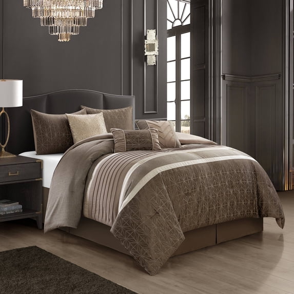 Nanshing Trinity 7 Piece ModernGeometric Comforter Set, Taupe, Queen