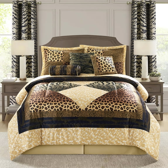 Nanshing Leopard 9 Piece Animal Print Comforter Set , Brown Gold , Queen , Short Plush Print