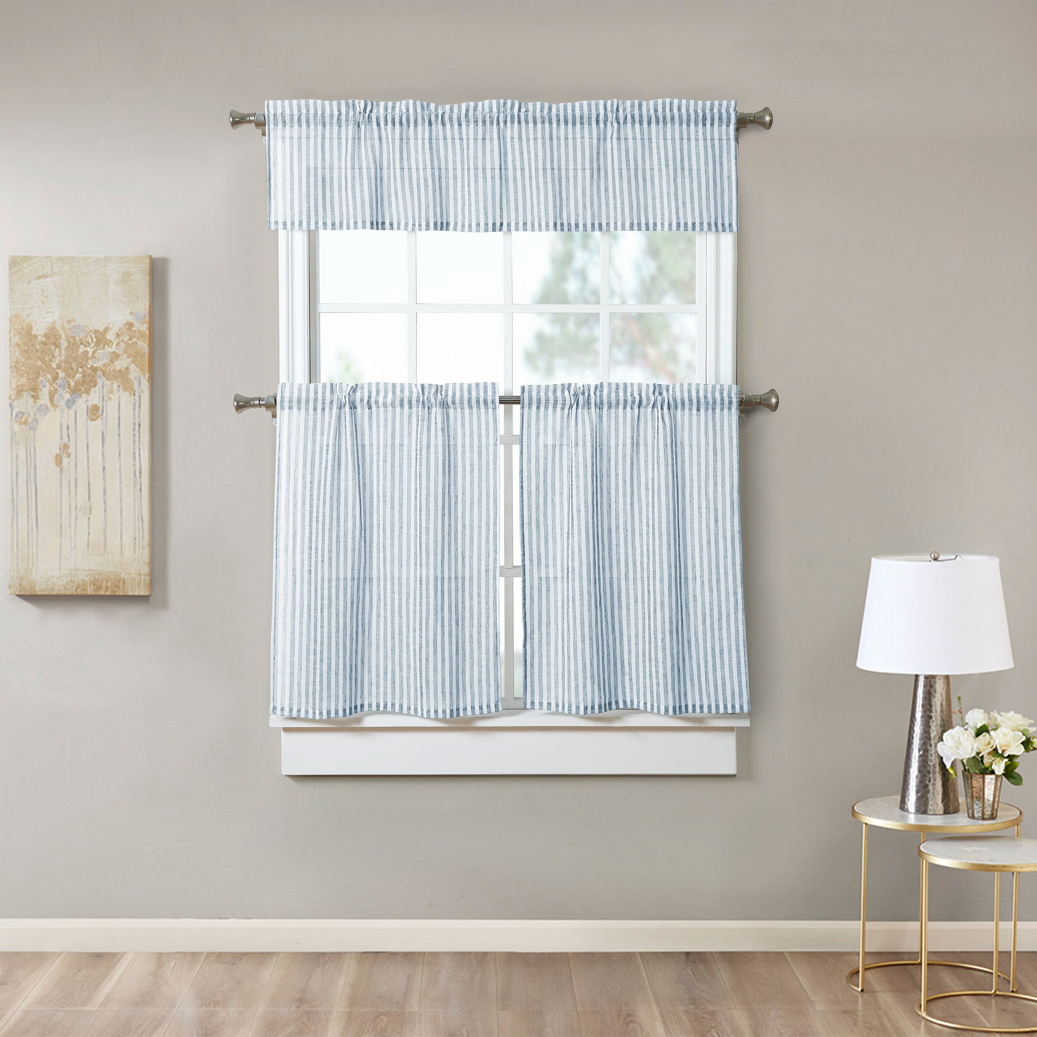 Blue Striped Sheer Rod Pocket Kitchen Curtain Set