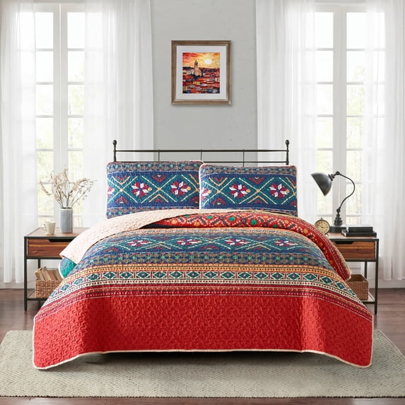 Nanshing Vernice 3 Piece Bohemian Ecclectic Quilt Set, Red Blue, King