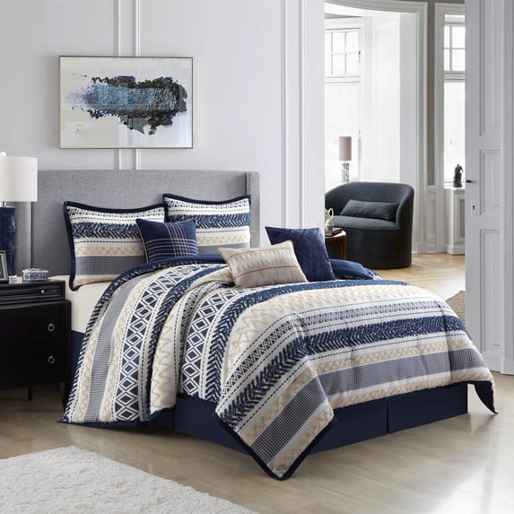 Nanshing Vina 7 Piece Contemporary Striped Comforter Set, Navy, California King