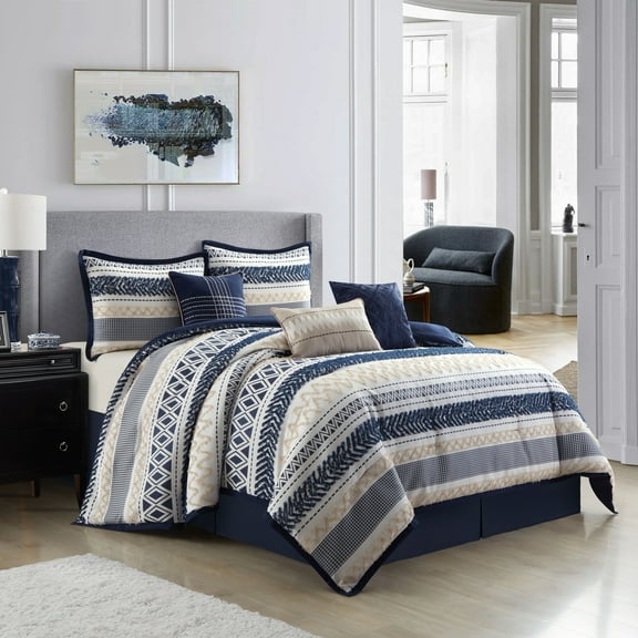 Nanshing Vina 7 Piece Contemporary Striped Comforter Set, Navy, King