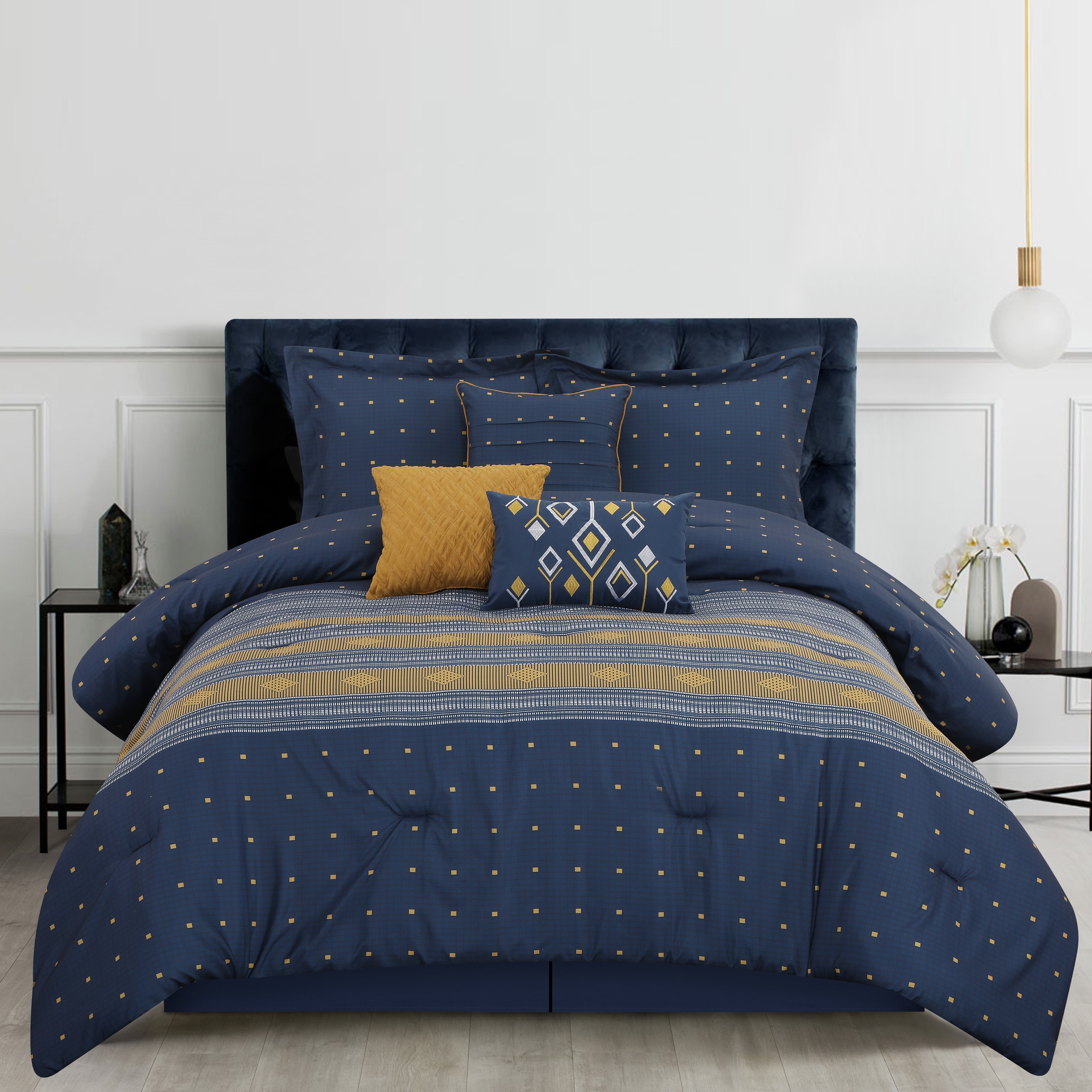 Nanshing Zahra 7 Piece Boho Geometric Comforter Set Navy Queen