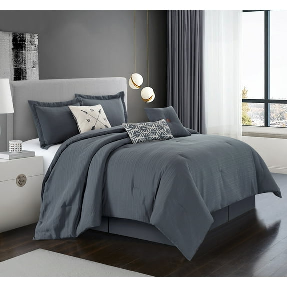 Nanshing Zeta 7PC Modern Solid Comforter Set, Grey, Queen