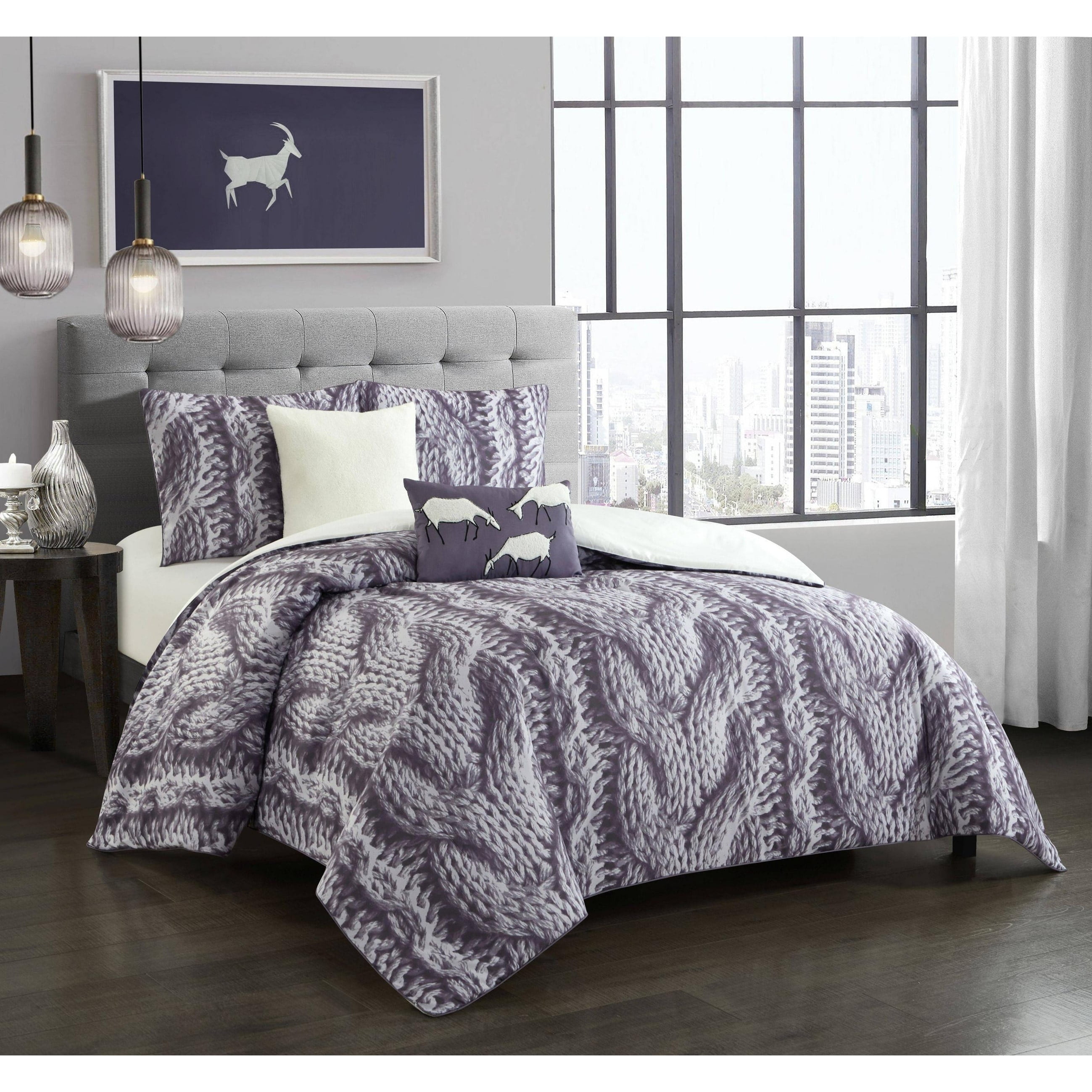 King Purple Microfiber Reversible Comforter Set with Knitted Design