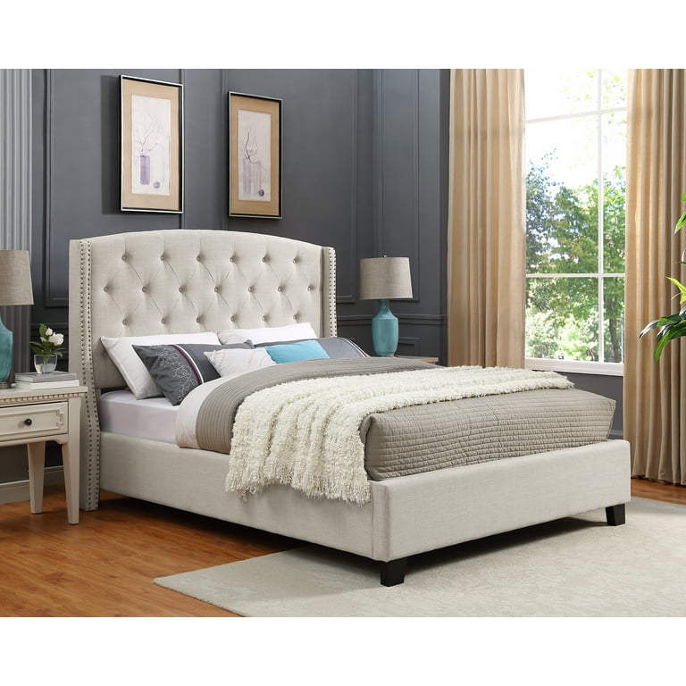 Nantarre Fabric Tufted Wingback Upholstered Bed with Nailhead Trim Tan Walmart