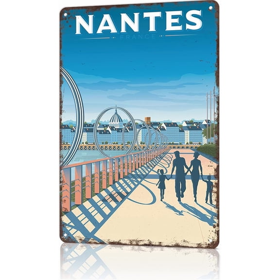Nantes France Travel Print Vintage City Landscape Metal Tin Sign, Retro Travel Tin Signs Posters For Man Cave Bar Garage Car Room Streets Wall Decor 8 X 12 Inch