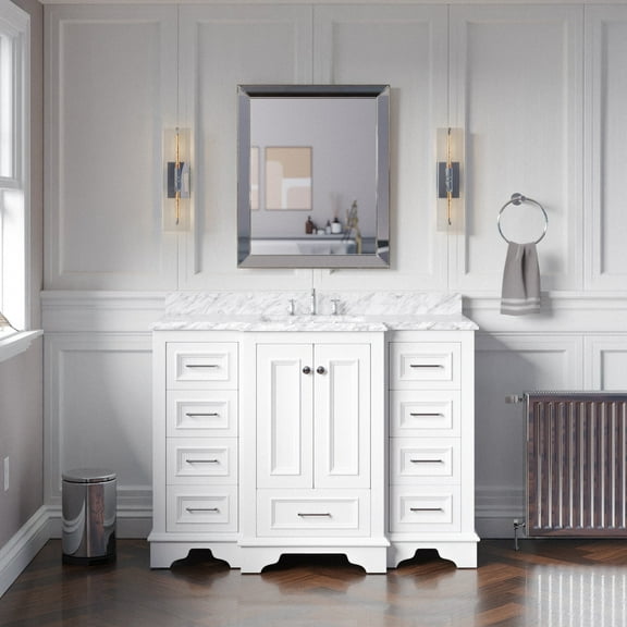 Nantucket 48" Bathroom Vanity with White Cabinet and Carrara Marble Top