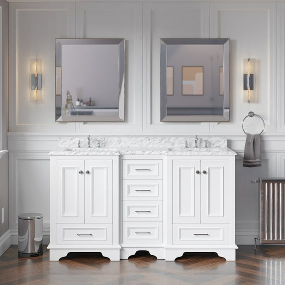 Nantucket 60" Double Bathroom Vanity with White Cabinet and Carrara Marble Top