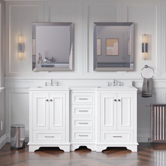 Nantucket 60" Double Bathroom Vanity with White Cabinet and Quartz Top
