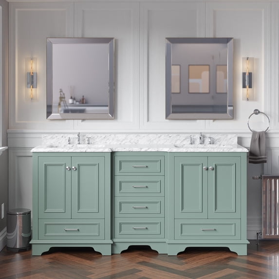 Nantucket 72" Double Bathroom Vanity with Sage Green Cabinet and Carrara Marble Top