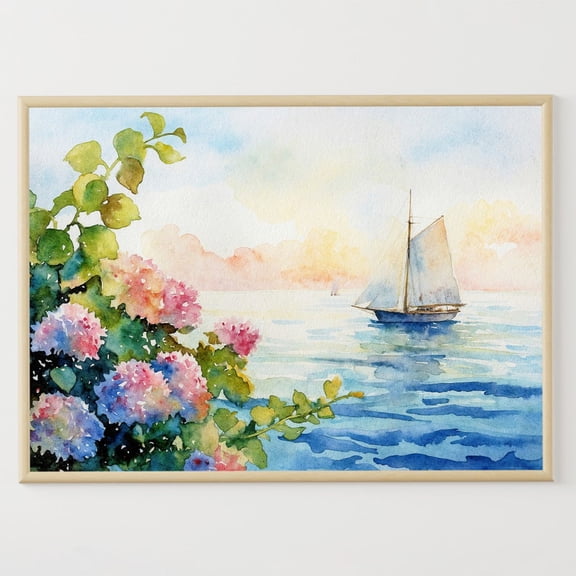 Nantucket Cape Cod Art Poster Sailboat Artwork Nautical Wall Art Hydrangea Poster Beach House Wall Decor, Stretched Canvas Size 8x12