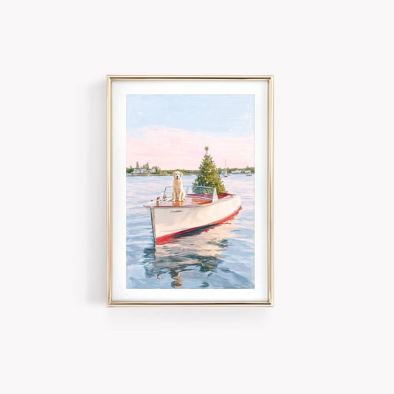 Nantucket Library Nantucket Christmas Tree Boat Wall Art Print, Golden Retriever Holiday ...
