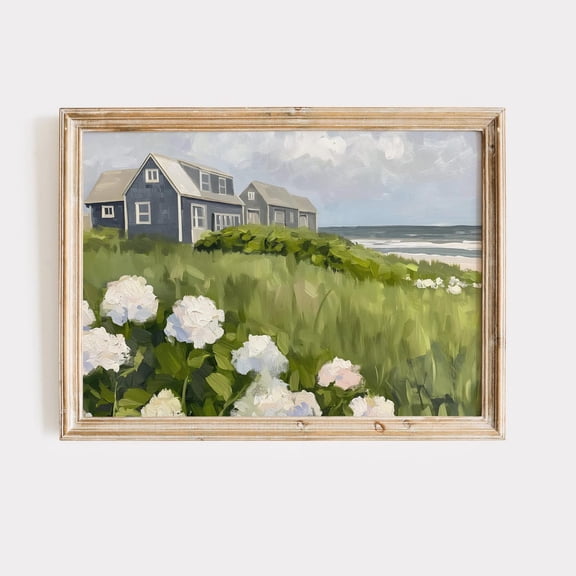 Nantucket Coastal Hydrangea And Seaside Homes Poster Unframed Paper Print