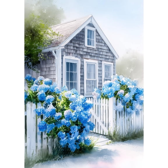 Nantucket Cottage Watercolor Style Print Hydrangea Coastal Wall Art New England Summer House Painting Beach Cottage Decor