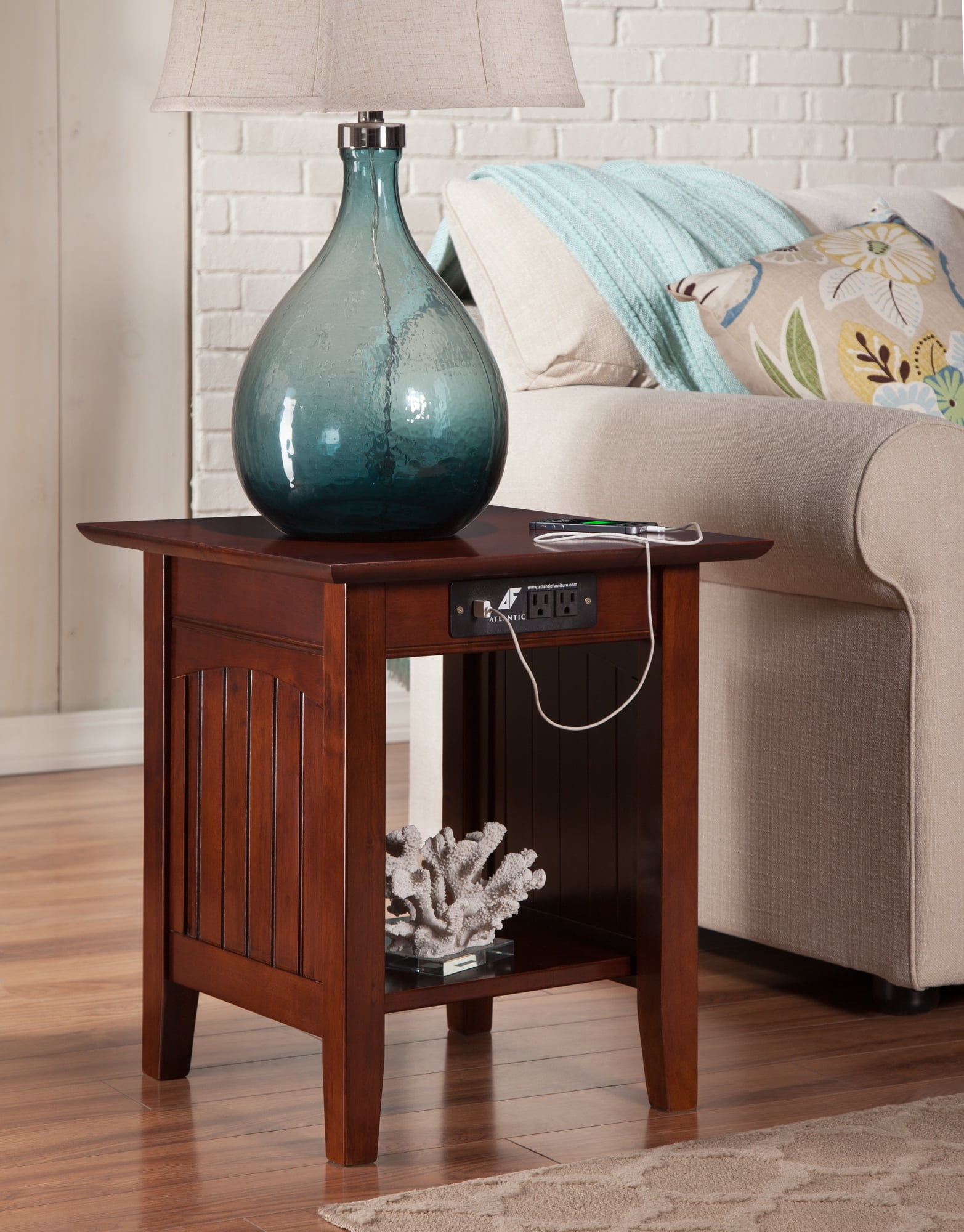Walnut Rectangular Wood End Table with USB Charging Ports