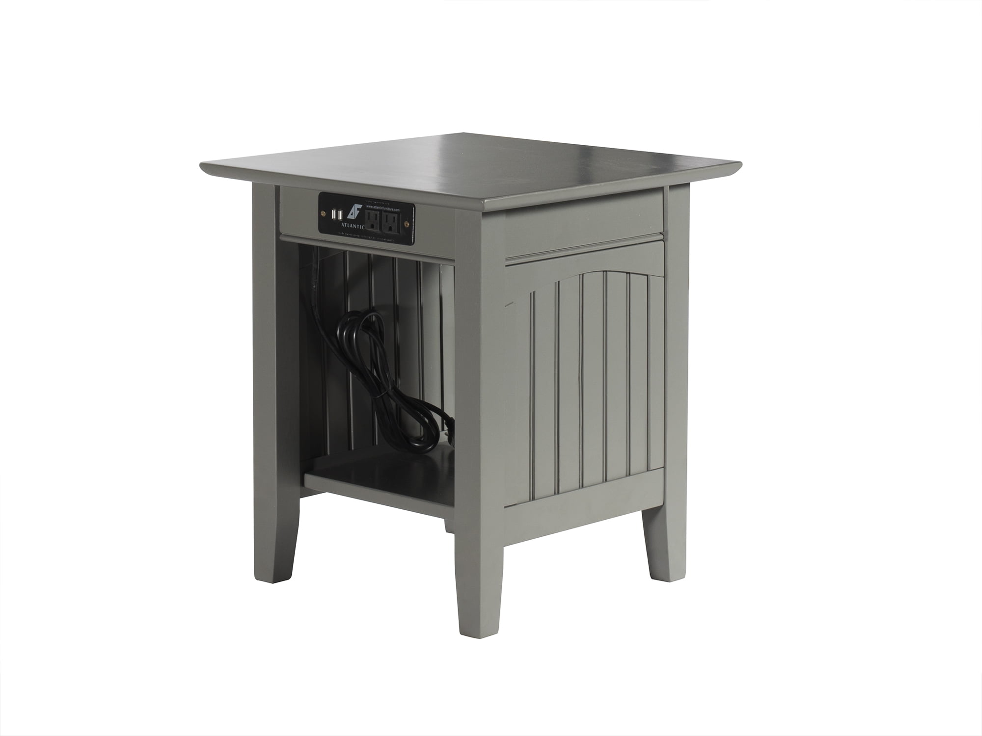 Gray Solid Wood End Table with Charging Station