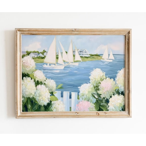 Nantucket Harbor Sailboat Art Hydrangea Coastal Cottage Style Summer Seaside New England Grandmillennial, Unframed Paper Print