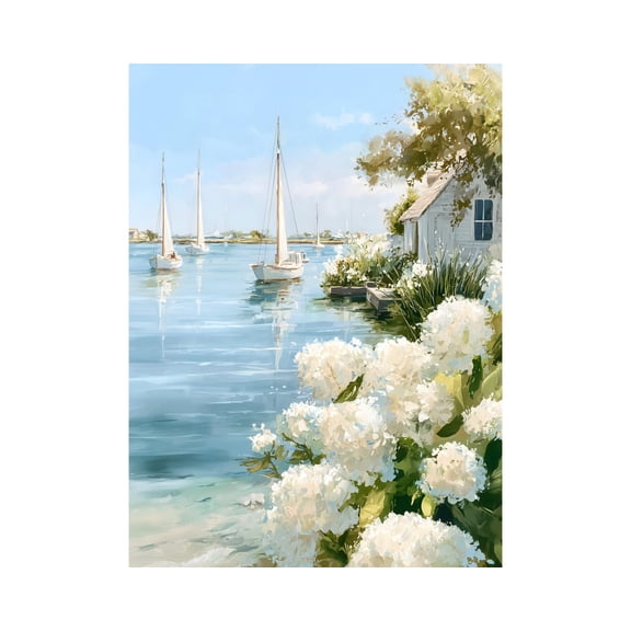 Nantucket Harbor Wall Art Sailboat and Hydrangea Coastal Cottage Nautical New England Artwork, Unframed Poster