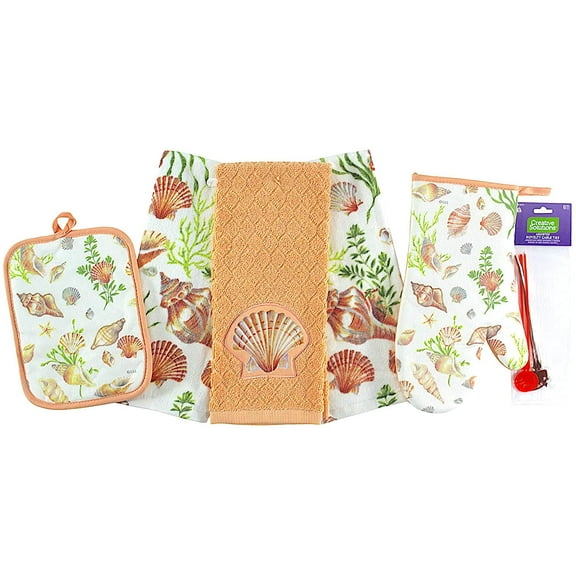 Serafina Home 5-Piece Coastal Shells Starfish and Sea Urchins Cotton Kitchen Linen Set