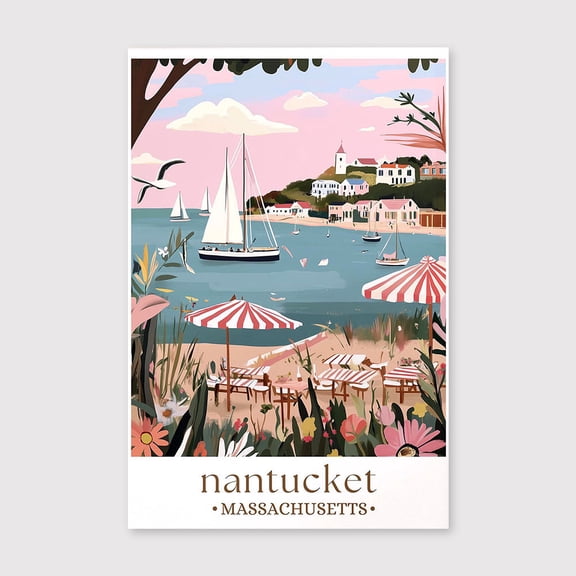 Nantucket Island Art Print, Coastal New England Canvas, Illustrated Harbor Wall Decor