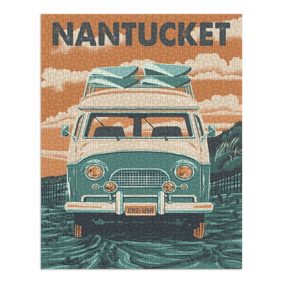 Nantucket, Massachusetts, Letterpress, Camper Van (1000 Piece Puzzle, Size 19x27, Challenging Jigsaw Puzzle for Adults and Family, Made in USA)