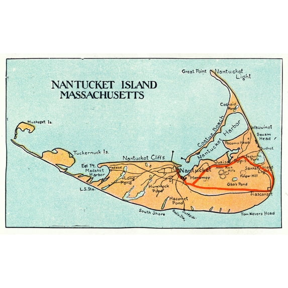 Nantucket, Massachusetts, Map of the Island, Vintage Map (12x18 Wall Art Poster, Room Decor)