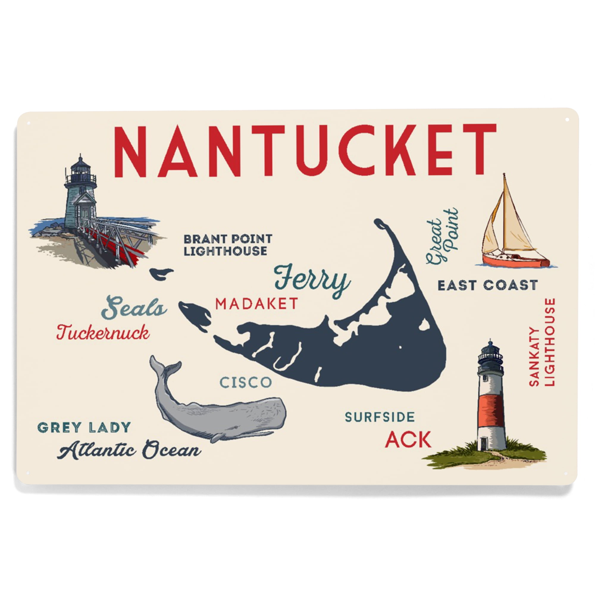 Nantucket, Massachusetts, Typography and Icons (12x18 Aluminum Art ...
