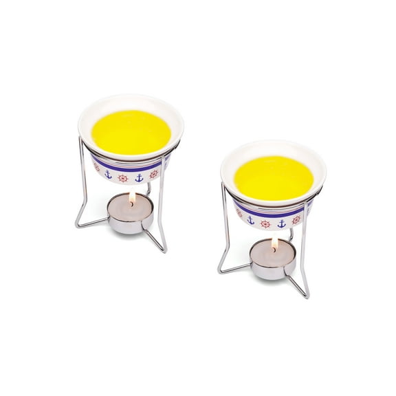 Nantucket Nautical Butter Warmers, Ceramic Dish with Stand and Tealight, Set of 2
