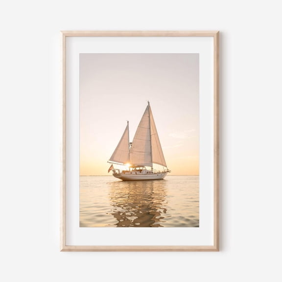 Nantucket Sailboat Sunset Photography Print, Golden Hour Ocean Wall Art, Coastal Nautical Decor with American Flag, Beach House Wall Art, Poster Only