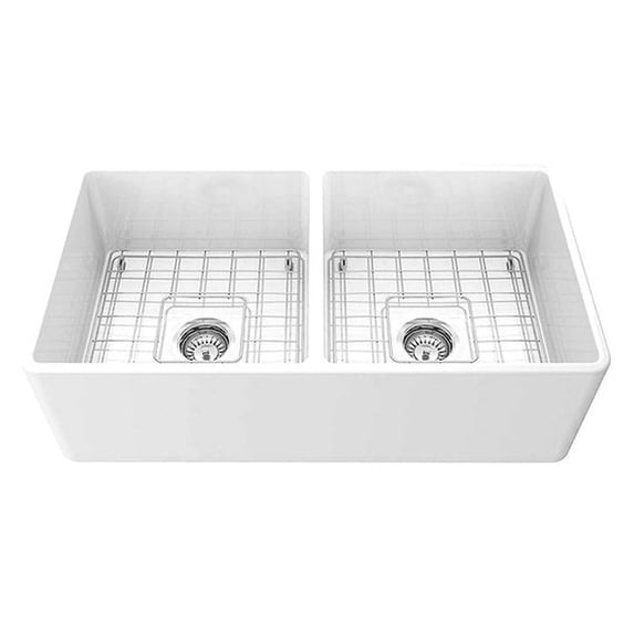 Nantucket Sinks T-FCFS33-DBL 33 Inch Double Bowl WhiteFarmhouse Fireclay Kitchen Sink T-FCFS33-DBL