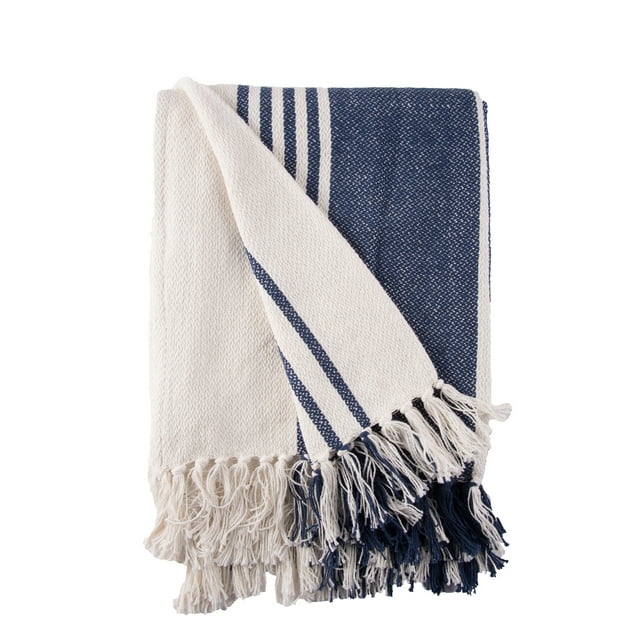 Nantucket Stripes Navy And White Striped Throw Blanket With Fringe ...