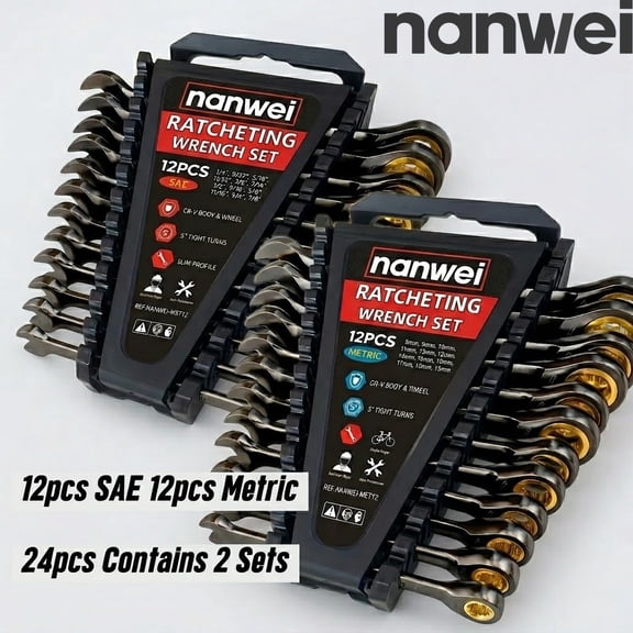 Nanwei 24-Piece Ratcheting Wrench Set, SAE & Metric Combination Ratchet Spanner Kit, CR-V Steel Slim Ratchet Wrenches with Storage Organizer Tray for Auto Repair Household Maintenance