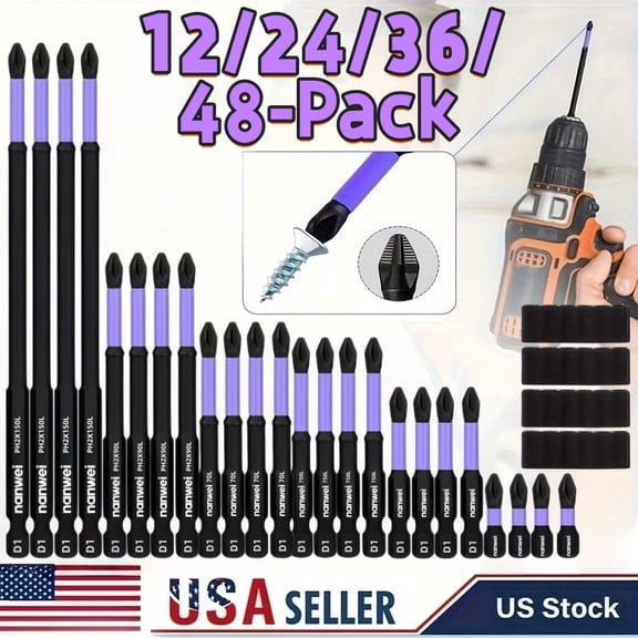 Nanwei Magnetic Phillips Screwdriver Bits Set Anti-Slip PH2 Impact Drill Bits Multiple Lengths 12/24/36/48 Pack