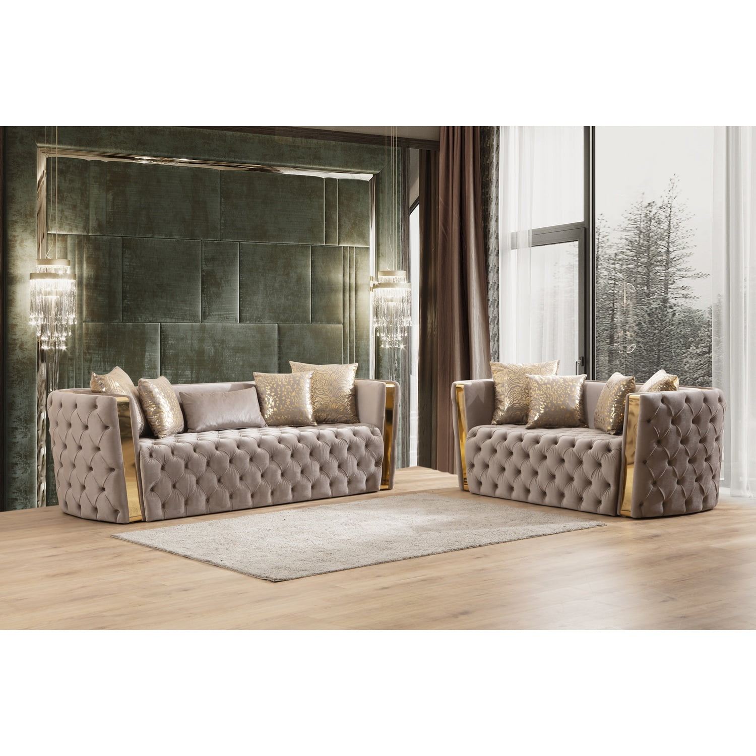Taupe Velvet Button Tufted 2-Piece Sofa and Loveseat Set with Gold Accents