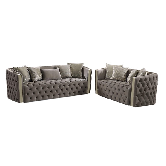Naomi Button Tufted 2 Pc Set with Velvet Fabric and Gold Accent in Taupe