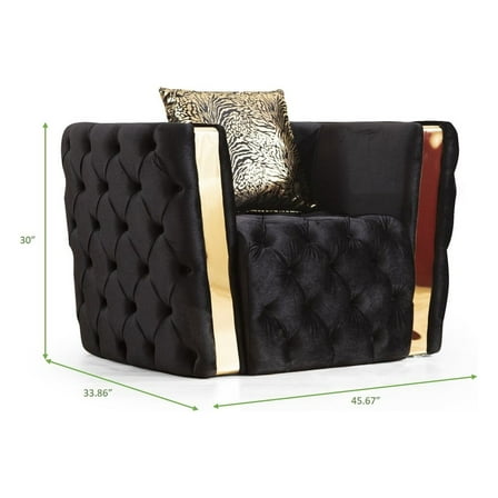 Naomi Button Tufted Chair Finished with Velvet Fabric and Gold Accent in Black