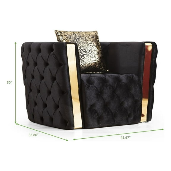 Naomi Button Tufted Chair Finished with Velvet Fabric and Gold Accent in Black