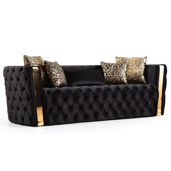 Naomi Button Tufted Sofa Finished With Velvet Fabric And Gold Accent In Black