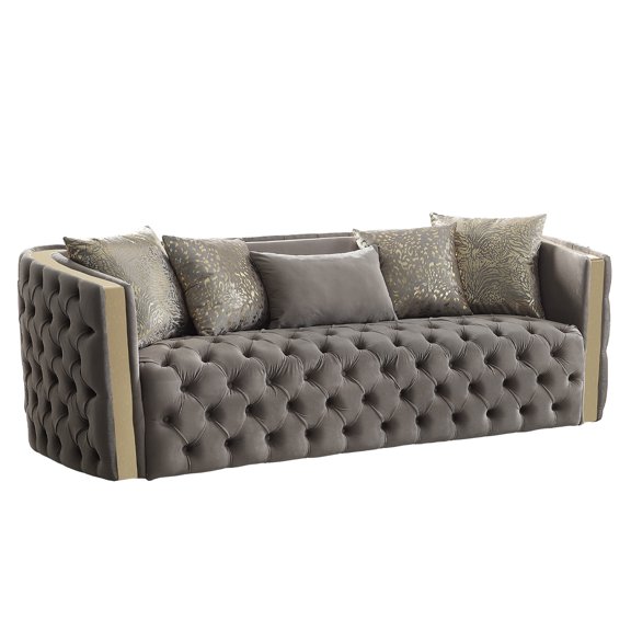 Naomi Button Tufted Sofa With Velvet Fabric And Gold Accent In Taupe