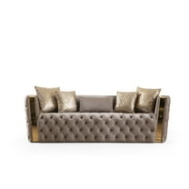 Naomi Button Tufted Sofa with Velvet Fabric and Gold Accent in Taupe
