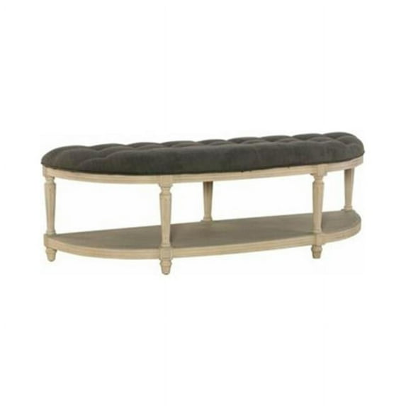 Naomi Curved Button Tufted Demuline Bench with Shelf, Graywash Legs with Dark Gray Fabric