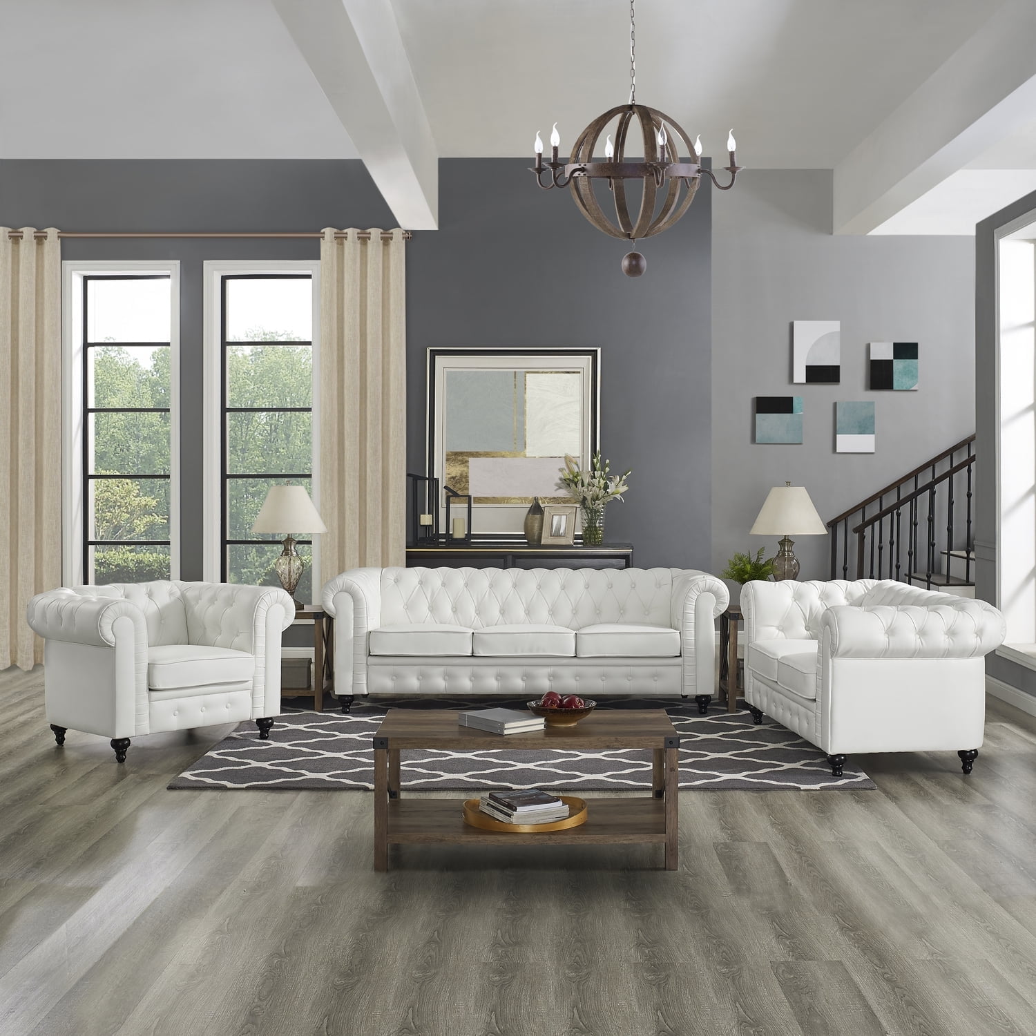 Chesterfield 3 Piece Modern Leather Sofa Set for Living Room - White ...