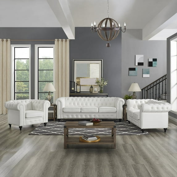 Naomi Home 3 Piece Classic Faux Leather Living Room Set White