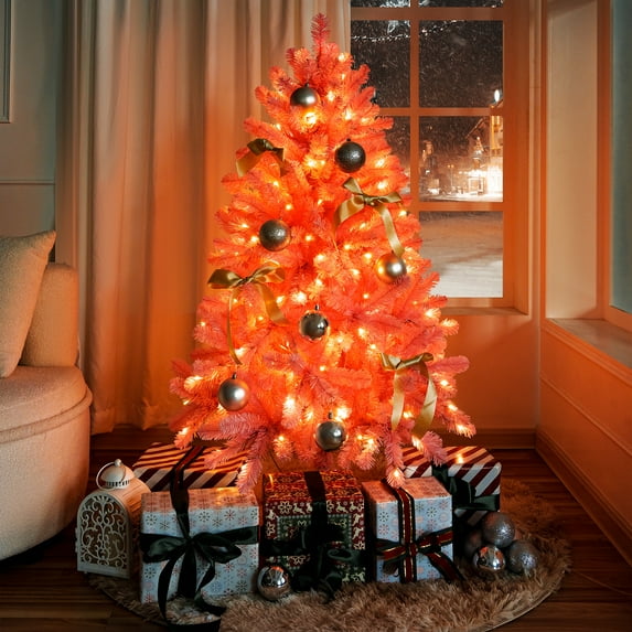 Naomi Home 4.5ft Pink Christmas Tree with Lights, Unique Colored Christmas Tree Prelit with 436 Branch Tips, 200 Warm Lights and Metal Stand, Aritificial Christmas Tree